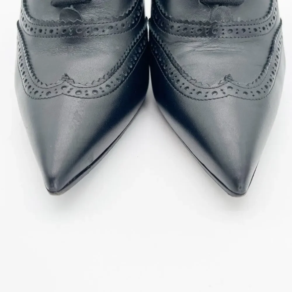 Chanel 2018 Black Leather Oxford Lace Up Brogue Pointed Toe Pumps Heels EU 39C